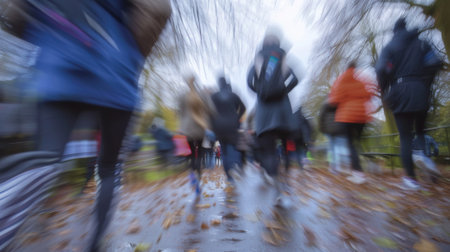 Fuzzy banners and distant participants at a charity walkrunの素材