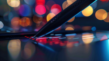 Graphic designer working with a digital pen on a tablet at night with city lights reflecting on the screenの素材