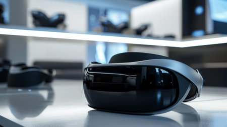 Virtual reality headset laying on display in electronics storeの素材