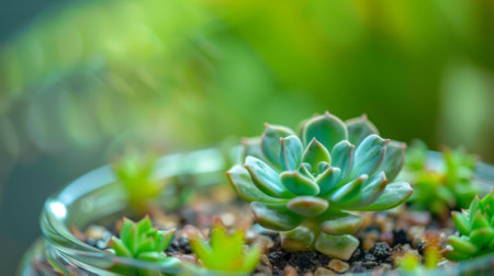 Echeveria succulent growing in open terrarium with blurred backgroundの素材