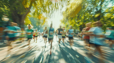 Defocused individuals making big strides for charity at a community raceの素材