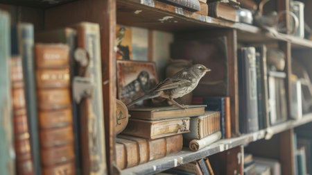 A wooden bookshelf houses an extensive collection of bird identification guides and field journalsの素材