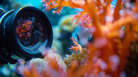 Professional underwater camera filming fish swimming through coral reefの素材