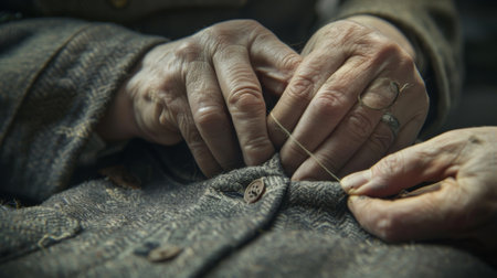 Senior woman sewing button on vintage military uniformの素材