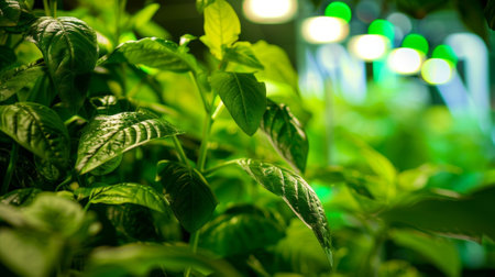 Green plants growing under lights in indoor farmの素材