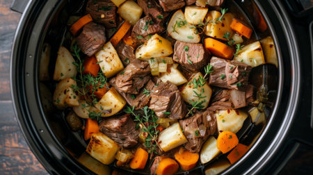 Slow cooker beef stew simmering with vegetables and herbsの素材