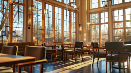 Sun shining through windows in empty restaurant with wooden furnitureの素材