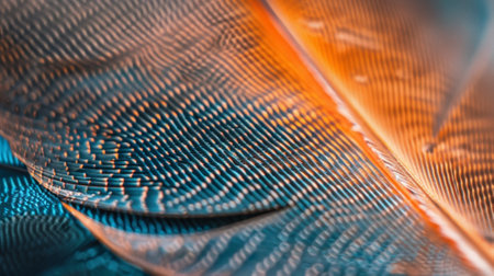 The intricate design and colors of a birds feather with its fine details and unique patterns visibleの素材