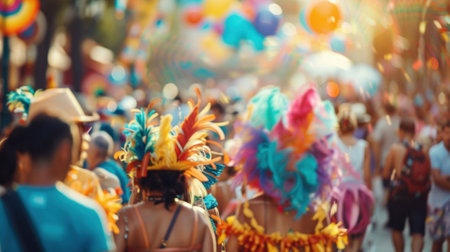 A defocused parade of floats and performers winding through the crowded festivalの素材