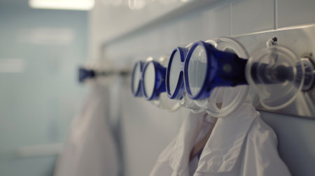 Protective goggles hanging on rack with lab coats in laboratoryの素材
