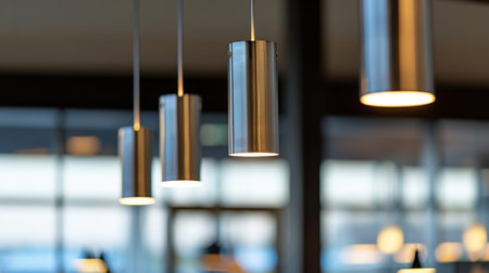 Modern interior lighting with cylinder lamps hanging from ceilingの素材