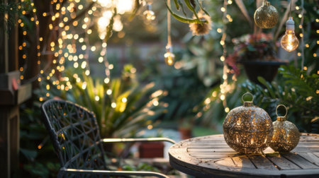 Indistinct decorations and furniture adding a festive touch to the garden settinの素材