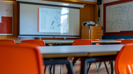 Empty classroom with projector screen and whiteboard is ready for studentsの素材