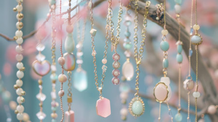 A display of pastelhued statement necklaces hanging from a branch creating an ethereal and whimsical vibeの素材