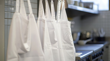 The crisp white aprons hanging on hooks by the classroom entrance waiting for eager students to don for their cooking adventuresの素材