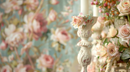 A grand candelabra with ornate floral patterns and subtle pastel accents evocative of the romantic Victorian eraの素材
