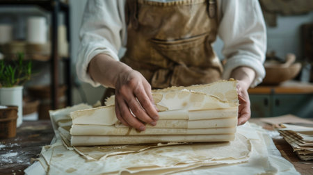 An exhibitor demonstrating how to make paper from scratch using recycled materials and natural dyesの素材
