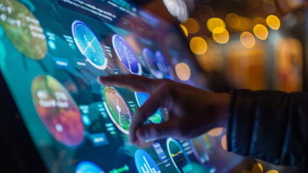 A closeup of a touch screen display allowing visitors to explore different renewable energy options and calculate their potential savingsの素材