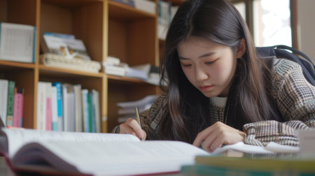Another student sits at a desk surrounded by various foreign language dictionaries and textbooks intensely studying and taking notesの素材