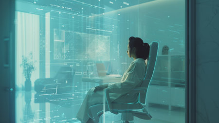 Scientist using futuristic transparent display computer in modern laboratoryの素材