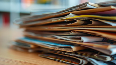 Stack of old papers and magazines taking up space on deskの素材