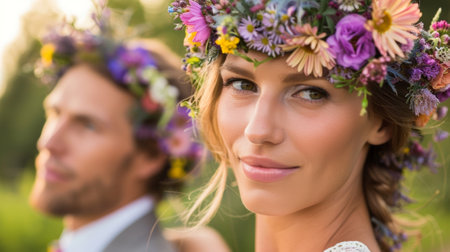A romantic music festival setting with couples and friends sporting matching floral crowns featuring a variety of blooms in shades of lavender pink and yellow creating a harmoniouの素材