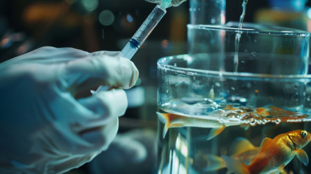 Scientist preparing syringe for fish experiment in laboratoryの素材
