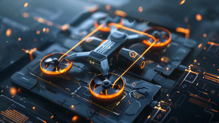 Futuristic drone charging on a motherboard, exploring future technologiesの素材