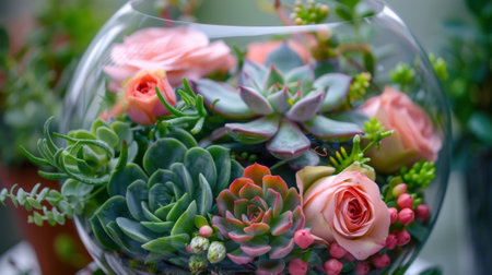 A small terrarium filled with succulents and soft pink miniature roses creating a unique and modern twist on traditional floral arrangementsの素材