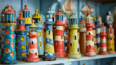 Colorful wooden lighthouses standing on shelf in souvenir shopの素材
