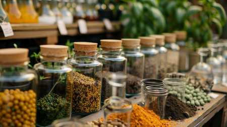 Herbs and spices displayed in glass jars at local farmers marketの素材