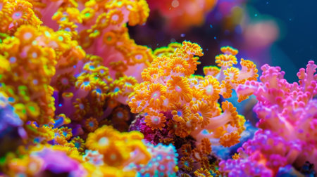 Corals blooming showing vibrant colors in aquariumの素材