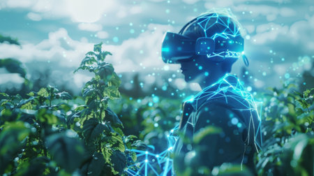 Farmer wearing virtual reality headset analyzing crops in agricultural field using futuristic technologyの素材