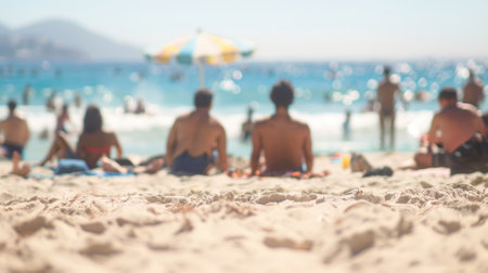 Hazy beachgoers relax on the warm sandの素材