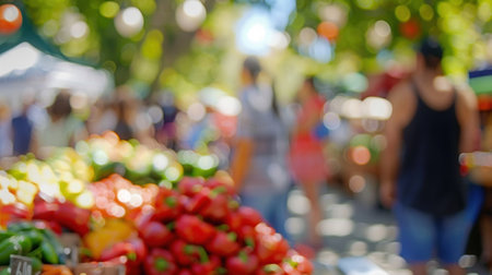 Blur of activity at the farmers market as shoppers peruse a selection of organic and farmfresh offeringsの素材