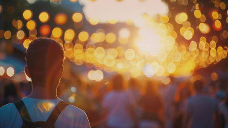 The fading sunlight casts a soft blurred glow over the energetic crowd adding to the festivals magical atmosphereの素材