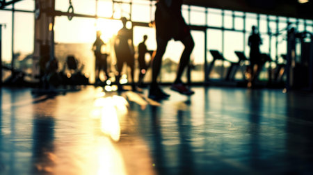 Defocused image of a bustling gym with silhouettes of figures working out in the backgroundの素材