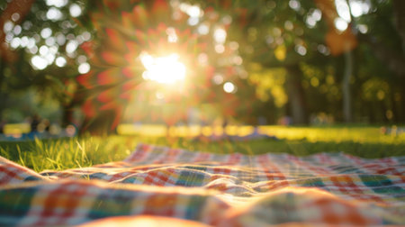 Hazy sun shining down on the picnic blanketの素材