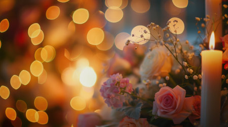 Muted defocused decorations of flowers and candles adding to the grandeur of the eventの素材