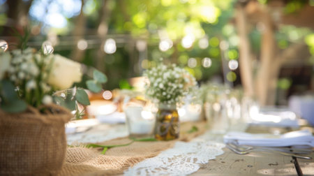 Rustic outdoor wedding with blurred details of burlap and lace accentsの素材