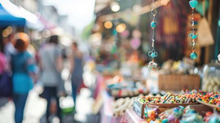 Hazy visions of smiling vendors and curious shoppers perusing handmade wares at a craft fairの素材