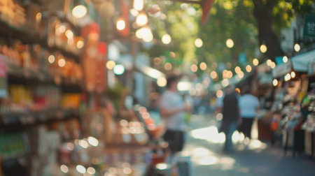 Blurred signs and products tempt passersby at the outdoor marketの素材