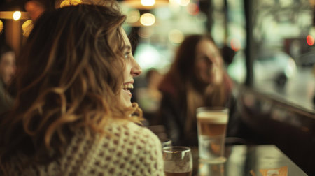 Indistinct chatter and the occasional burst of laughter filling the roomの素材