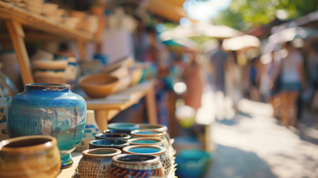 Blurred glimpses of artisanal ceramics knitted goods and other crafts at a bustling fairの素材