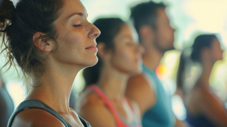 Soft focus on a group of people moving in unison during a fitness class their faces indistinguishableの素材
