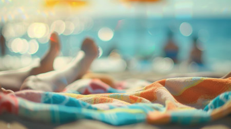 Soft focus on blurry figures lounging on beach towelsの素材