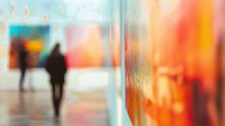 The walls of an art gallery appear as a fuzzy canvas themselves with faint brushstrokes and abstract shapes emergingの素材