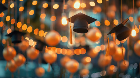 Soft blurred outlines of celebratory balloons and decorations at a graduation eventの素材