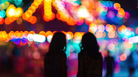 Blurry silhouettes against a carnivals bright neon gloの素材
