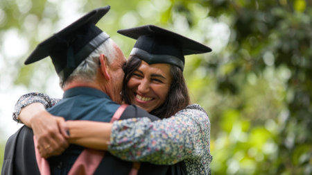 Unfocused blur of proud parents hugging their cap and gownclad graduatesの素材
